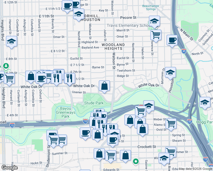 map of restaurants, bars, coffee shops, grocery stores, and more near 2400 Julian Street in Houston