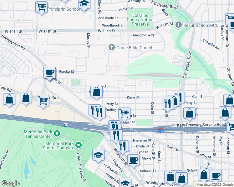 map of restaurants, bars, coffee shops, grocery stores, and more near 5813a Kiam Street in Houston