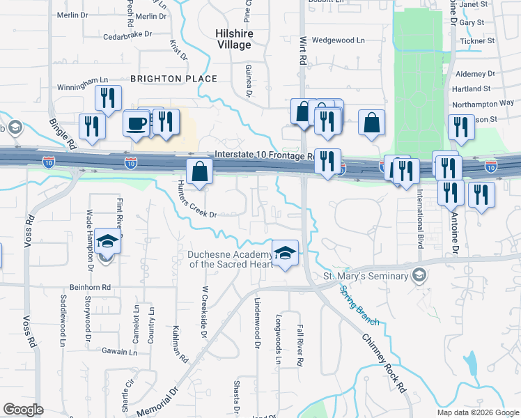 map of restaurants, bars, coffee shops, grocery stores, and more near 300-317 Queen Annes Road in Houston