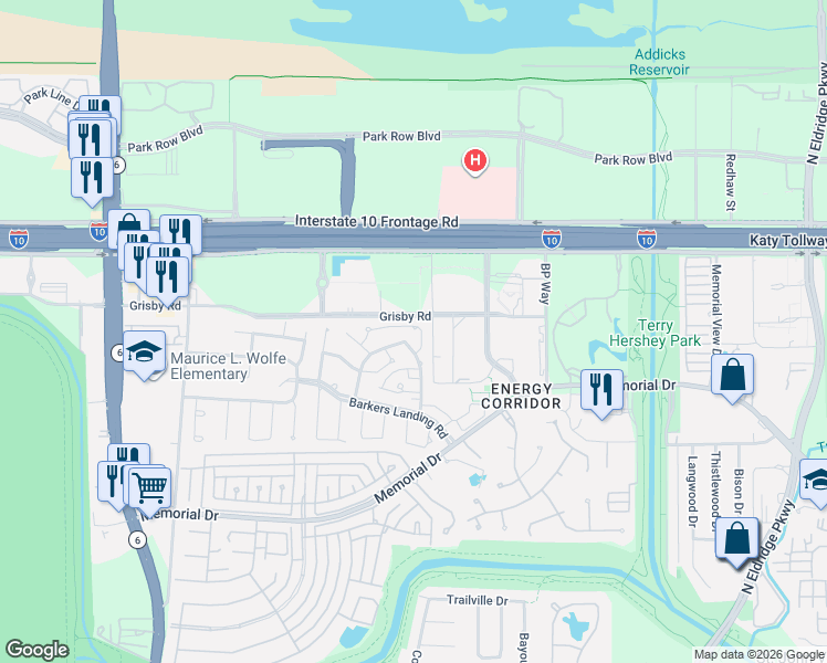 map of restaurants, bars, coffee shops, grocery stores, and more near 15610 Whitewater Lane in Houston