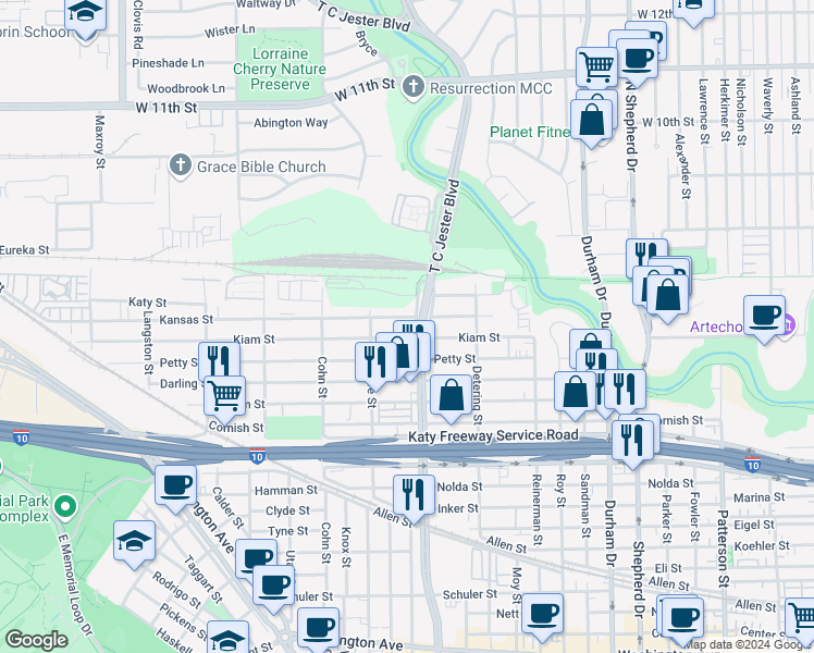 map of restaurants, bars, coffee shops, grocery stores, and more near 5407 Kansas Street in Houston