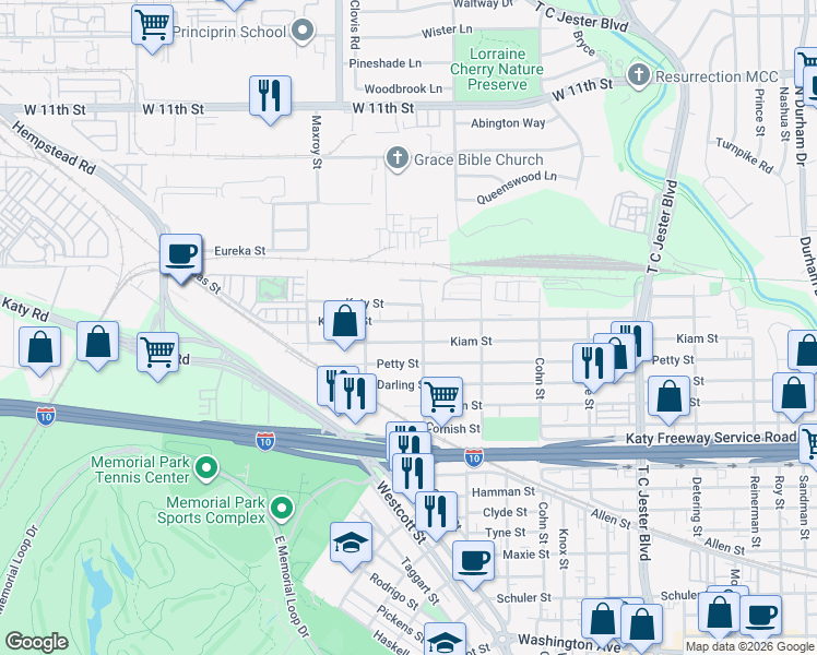 map of restaurants, bars, coffee shops, grocery stores, and more near 5813a Kiam Street in Houston
