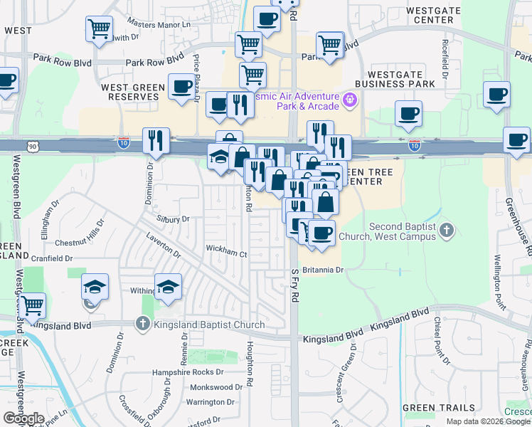 map of restaurants, bars, coffee shops, grocery stores, and more near 20111 Dering Court in Katy