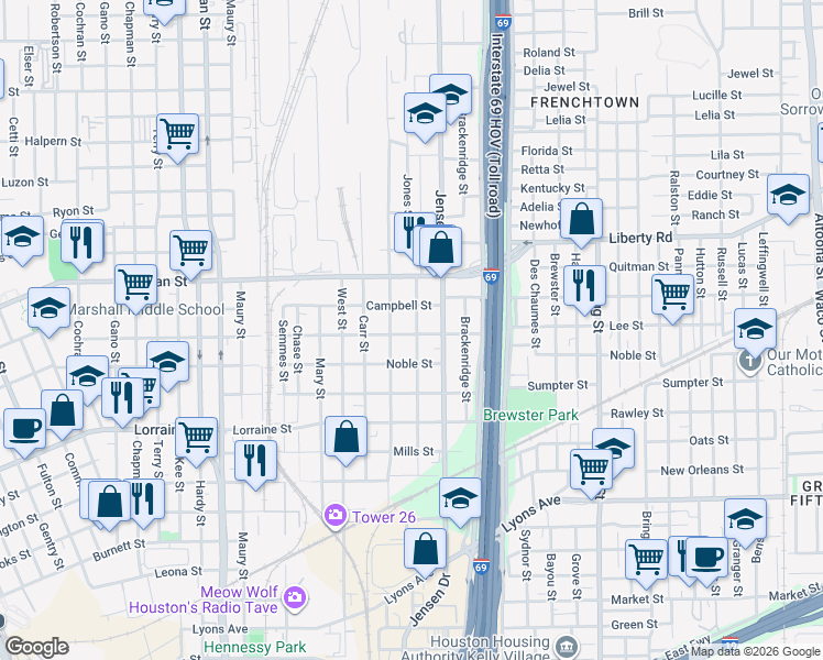 map of restaurants, bars, coffee shops, grocery stores, and more near 2109 Davis Street in Houston