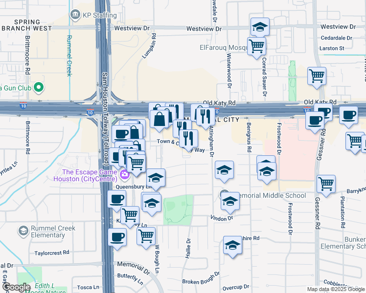map of restaurants, bars, coffee shops, grocery stores, and more near 10501 Town and Country Way in Houston