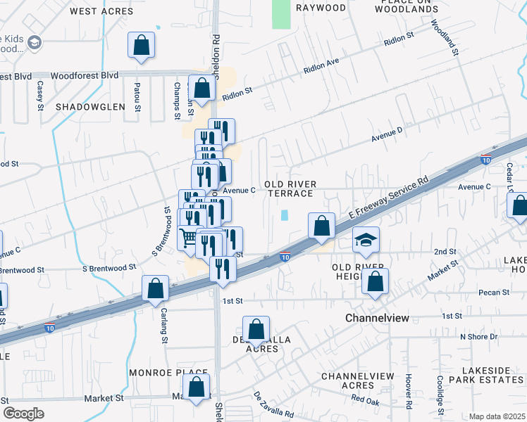 map of restaurants, bars, coffee shops, grocery stores, and more near 15919 East Freeway in Channelview