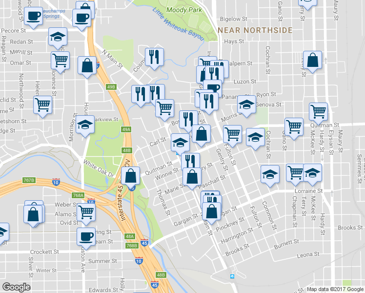 map of restaurants, bars, coffee shops, grocery stores, and more near 2319 Freeman Street in Houston
