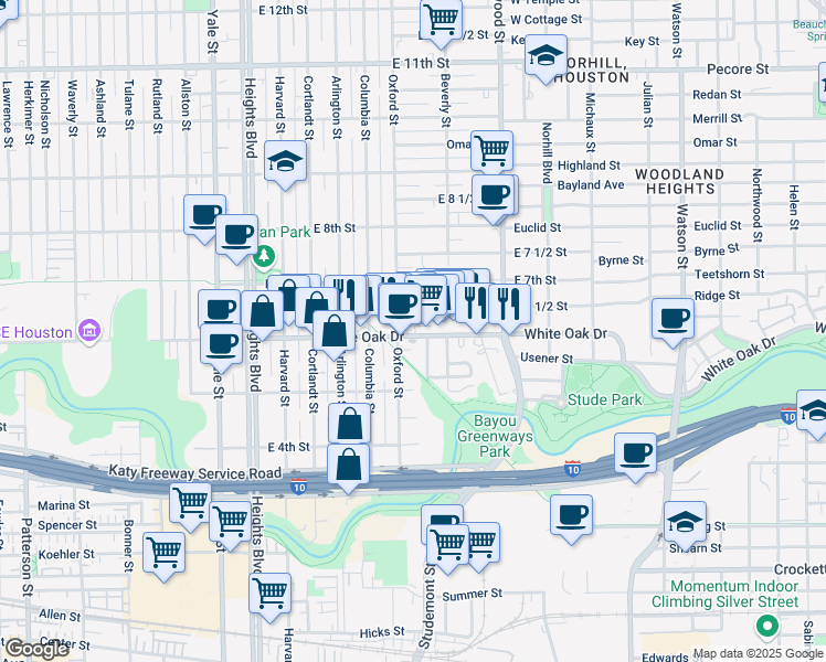 map of restaurants, bars, coffee shops, grocery stores, and more near 535 Frasier Street in Houston