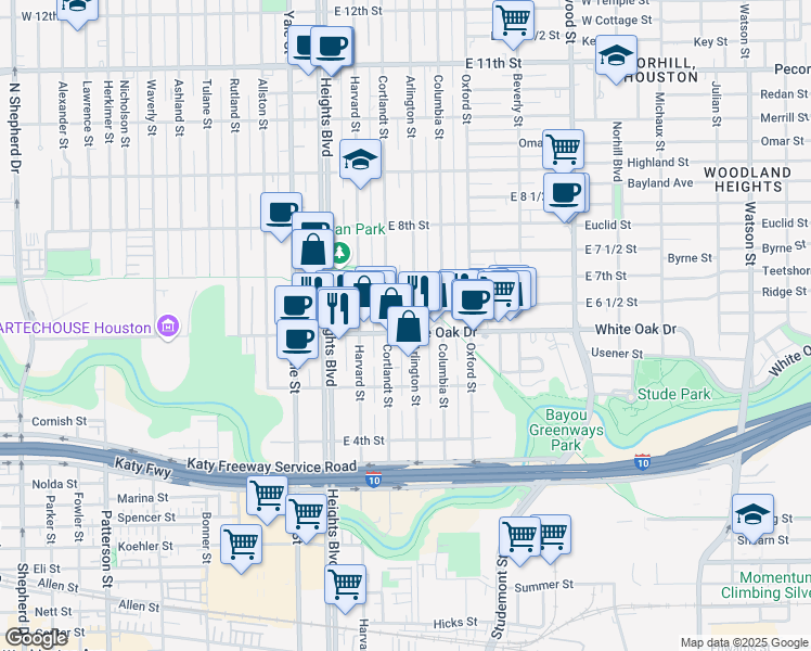 map of restaurants, bars, coffee shops, grocery stores, and more near 624 Arlington Street in Houston