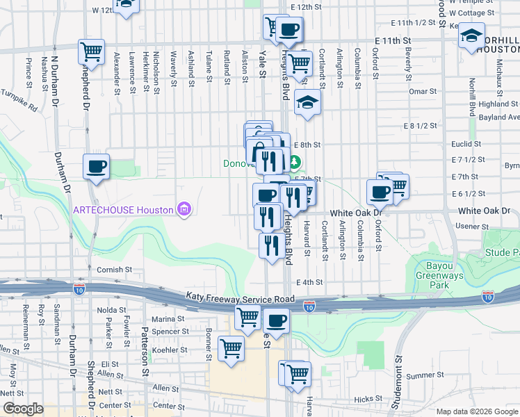 map of restaurants, bars, coffee shops, grocery stores, and more near 655 Yale Street in Houston