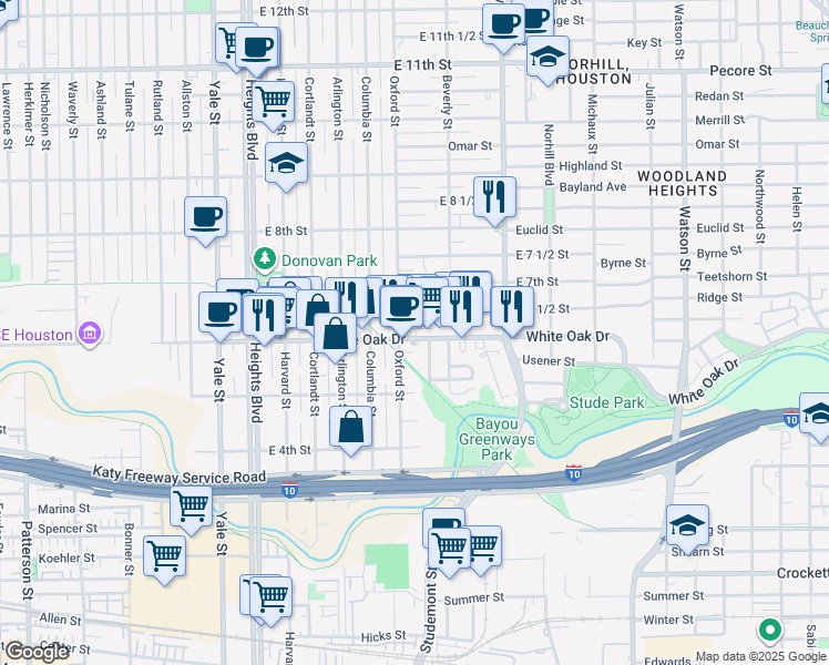 map of restaurants, bars, coffee shops, grocery stores, and more near 617 East 6 1/2 Street in Houston