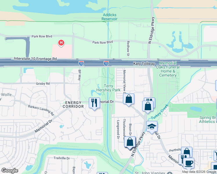 map of restaurants, bars, coffee shops, grocery stores, and more near 15200 Memorial Drive in Houston