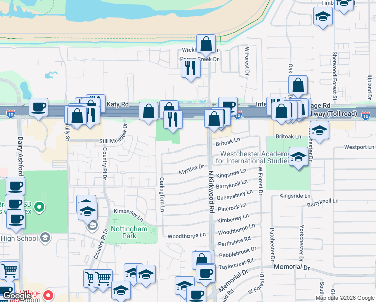 map of restaurants, bars, coffee shops, grocery stores, and more near 14026 Britoak Lane in Houston