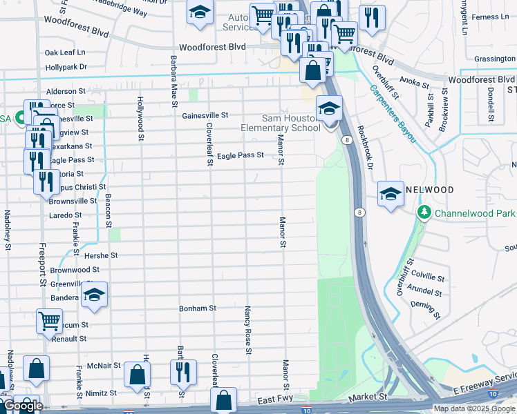 map of restaurants, bars, coffee shops, grocery stores, and more near 14523 Brownsville Street in Houston