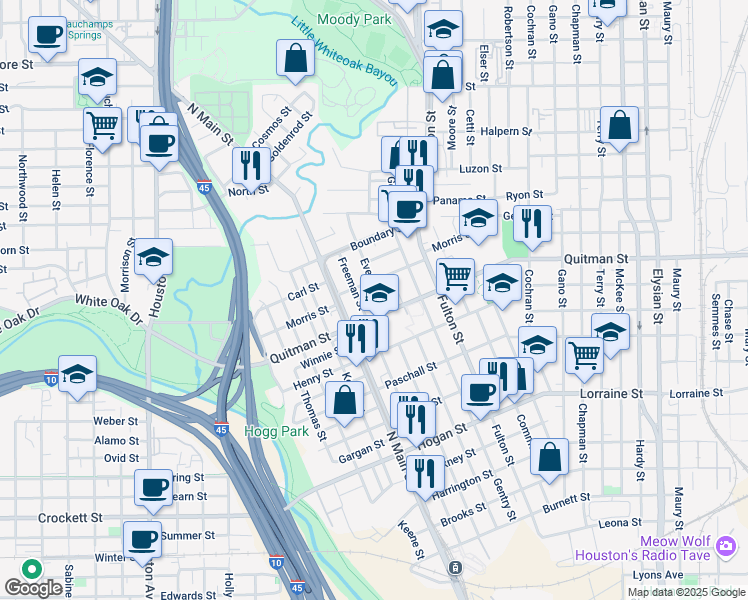 map of restaurants, bars, coffee shops, grocery stores, and more near 2324 Everett Street in Houston