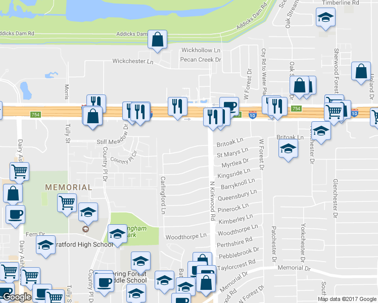 map of restaurants, bars, coffee shops, grocery stores, and more near 14018 Britoak Lane in Houston