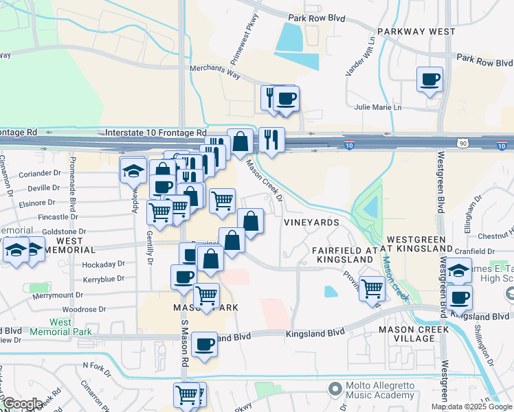 map of restaurants, bars, coffee shops, grocery stores, and more near 222 Mason Creek Drive in Katy
