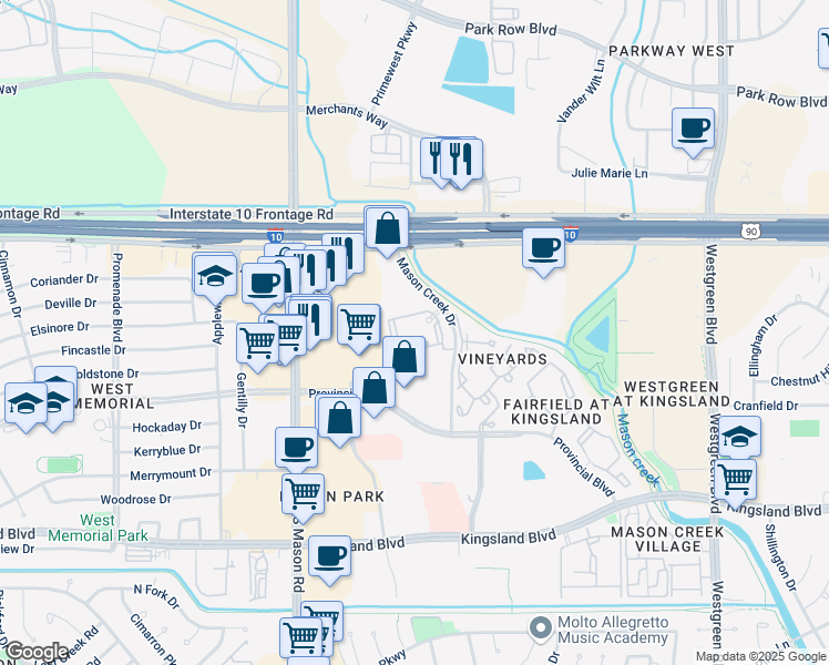 map of restaurants, bars, coffee shops, grocery stores, and more near 222 Mason Creek Drive in Katy