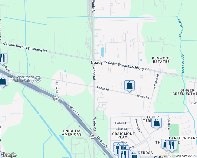 map of restaurants, bars, coffee shops, grocery stores, and more near 5522 Wade Road in Baytown