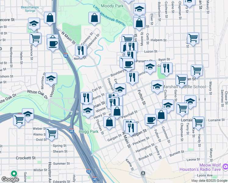 map of restaurants, bars, coffee shops, grocery stores, and more near 2318 Freeman Street in Houston