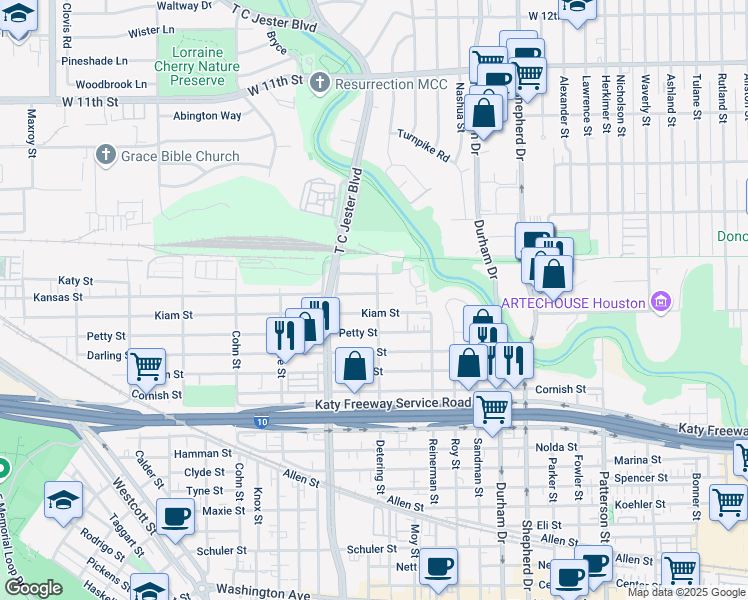 map of restaurants, bars, coffee shops, grocery stores, and more near 5309 Egbert Street in Houston