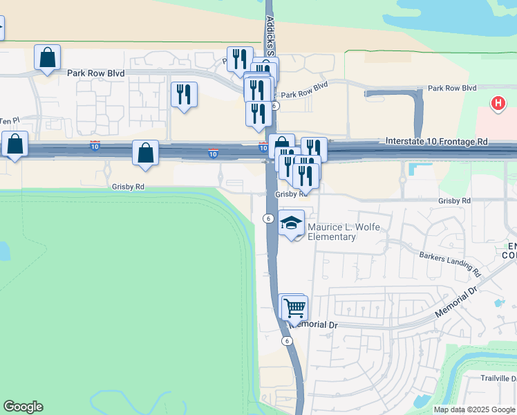 map of restaurants, bars, coffee shops, grocery stores, and more near 14805 Grisby Road in Houston