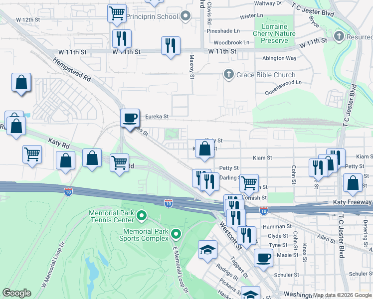 map of restaurants, bars, coffee shops, grocery stores, and more near 2699 Maxroy Street in Houston