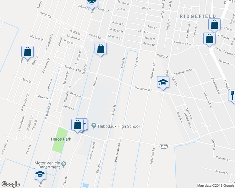 map of restaurants, bars, coffee shops, grocery stores, and more near 1301 Louise Street in Thibodaux