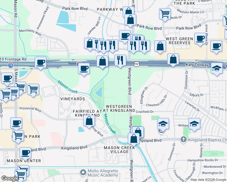 map of restaurants, bars, coffee shops, grocery stores, and more near 21001 Katy Freeway in Katy
