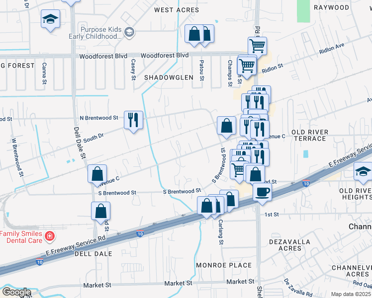 map of restaurants, bars, coffee shops, grocery stores, and more near 15607 Avenue C in Channelview