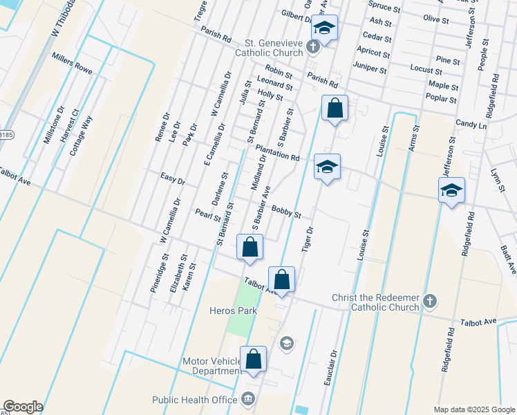 map of restaurants, bars, coffee shops, grocery stores, and more near 1701-1799 Midland Dr in Thibodaux