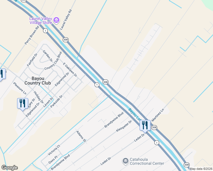 map of restaurants, bars, coffee shops, grocery stores, and more near 635 Louisiana 308 in Thibodaux
