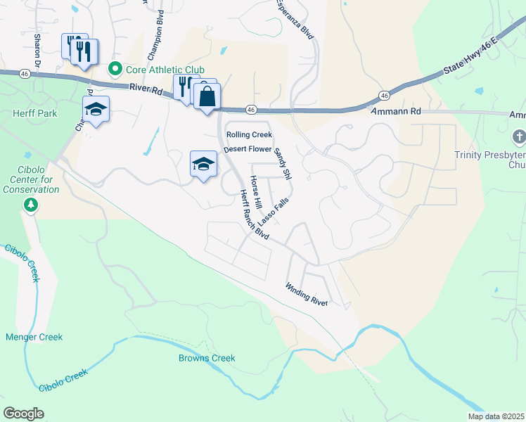 map of restaurants, bars, coffee shops, grocery stores, and more near 253 Horse Hill in Boerne