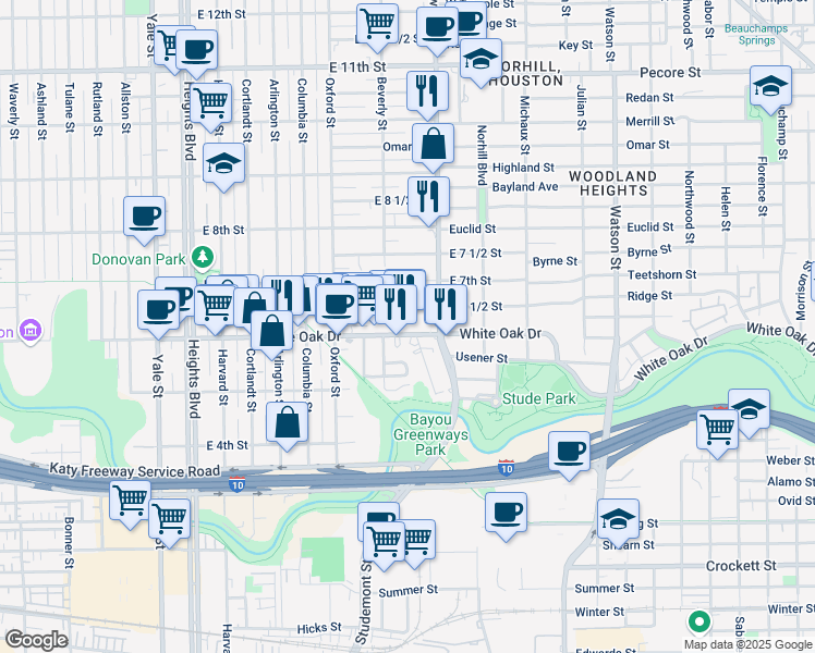map of restaurants, bars, coffee shops, grocery stores, and more near 702 East 6 1/2 Street in Houston