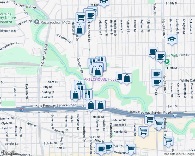 map of restaurants, bars, coffee shops, grocery stores, and more near 767 N Shepherd Dr in Houston