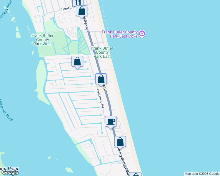 map of restaurants, bars, coffee shops, grocery stores, and more near 129 Seychelles Court in St. Augustine