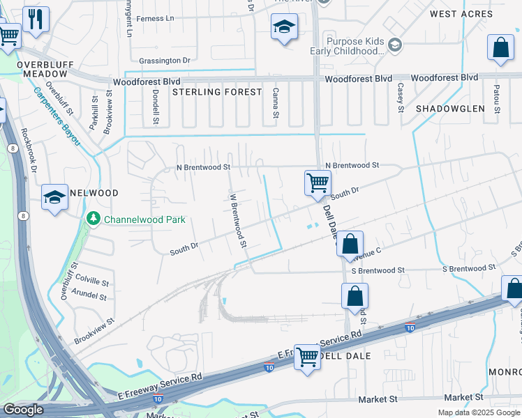 map of restaurants, bars, coffee shops, grocery stores, and more near 15219 South Drive in Channelview