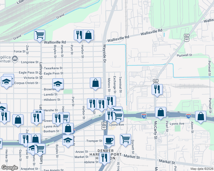 map of restaurants, bars, coffee shops, grocery stores, and more near 2002 N Wayside Dr in Houston