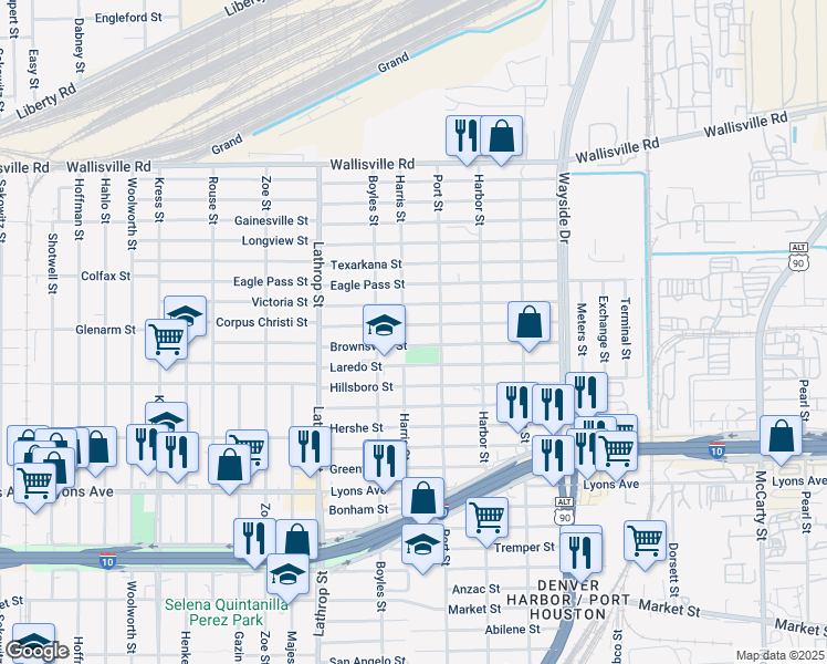 map of restaurants, bars, coffee shops, grocery stores, and more near 7124 Victoria Street in Houston