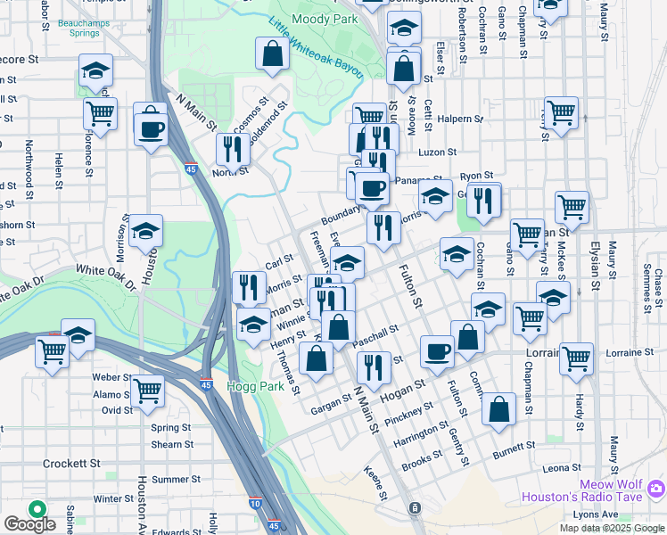 map of restaurants, bars, coffee shops, grocery stores, and more near 2324 Everett Street in Houston