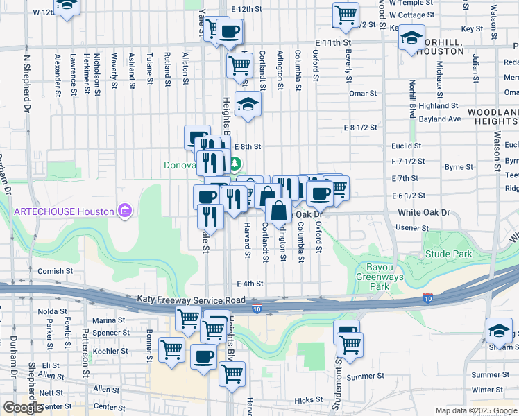 map of restaurants, bars, coffee shops, grocery stores, and more near 625 Cortlandt Street in Houston