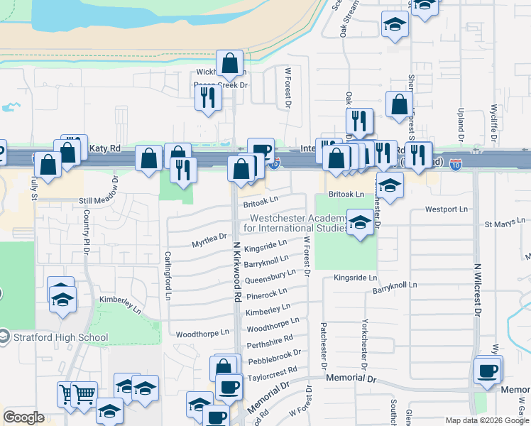 map of restaurants, bars, coffee shops, grocery stores, and more near 13918 Britoak Lane in Houston