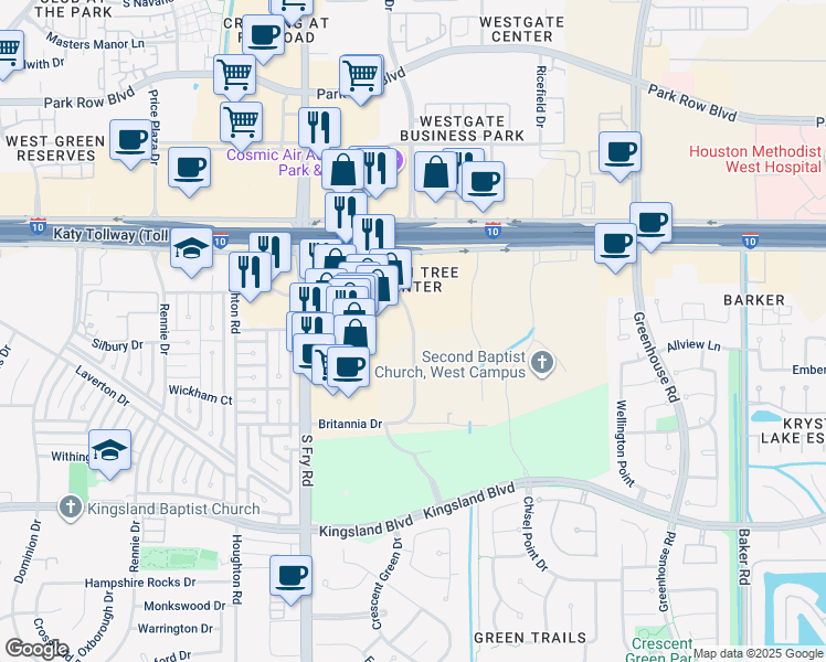 map of restaurants, bars, coffee shops, grocery stores, and more near 19945 Katy Freeway in Houston