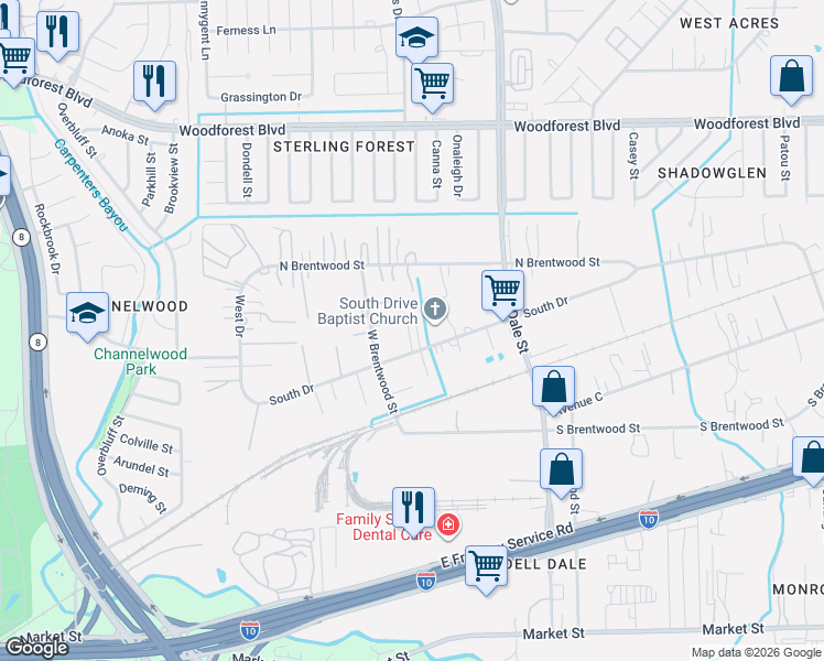 map of restaurants, bars, coffee shops, grocery stores, and more near 15219 South Drive in Channelview