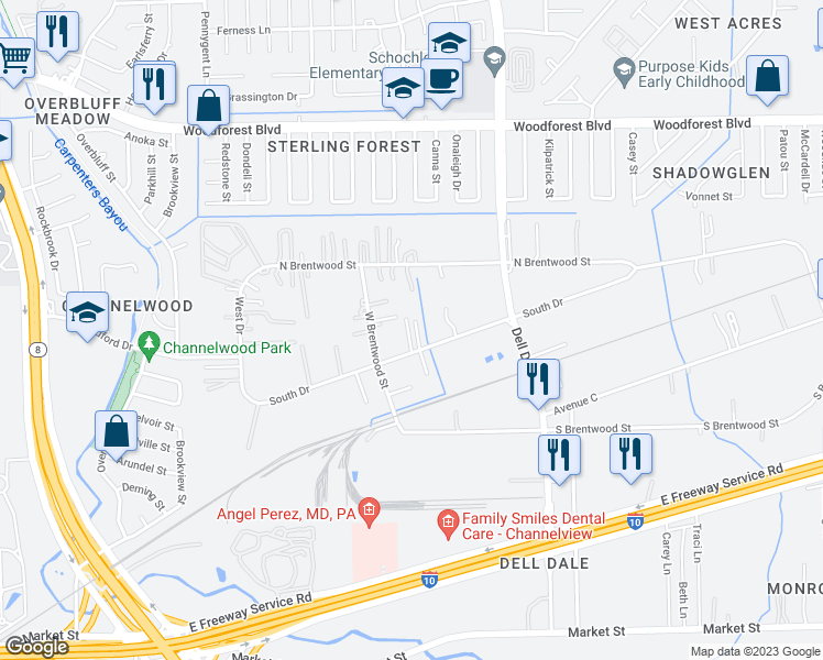 map of restaurants, bars, coffee shops, grocery stores, and more near 15219 South Dr in Channelview