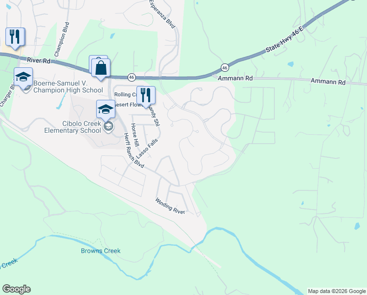 map of restaurants, bars, coffee shops, grocery stores, and more near 136 Cimarron Creek in Boerne