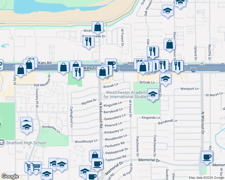 map of restaurants, bars, coffee shops, grocery stores, and more near 13918 Britoak Lane in Houston