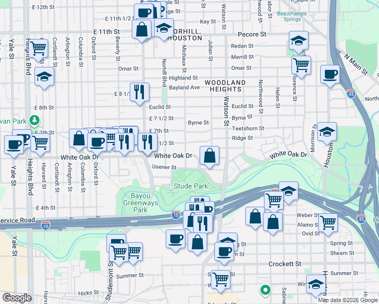 map of restaurants, bars, coffee shops, grocery stores, and more near 938 Ridge Street in Houston