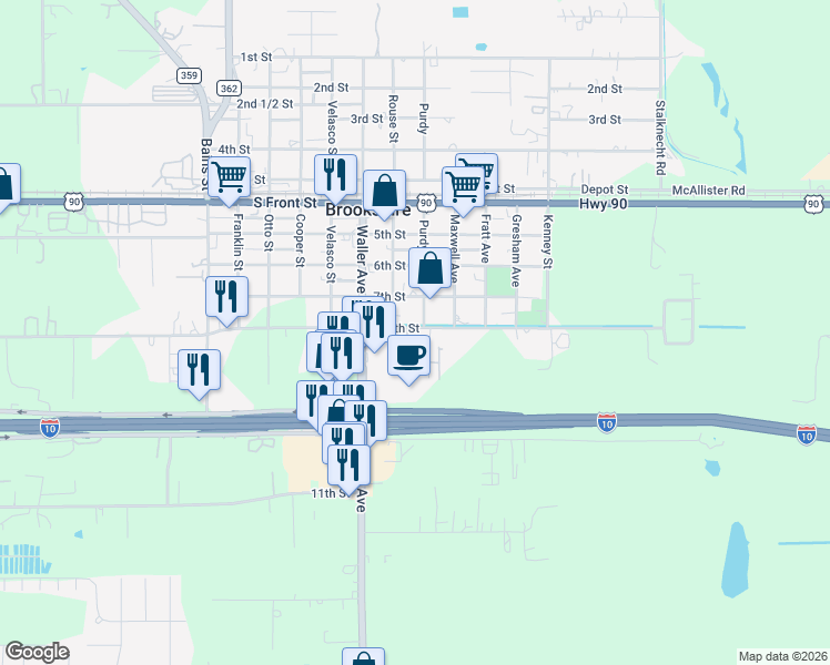 map of restaurants, bars, coffee shops, grocery stores, and more near 529 Village Way Drive in Brookshire