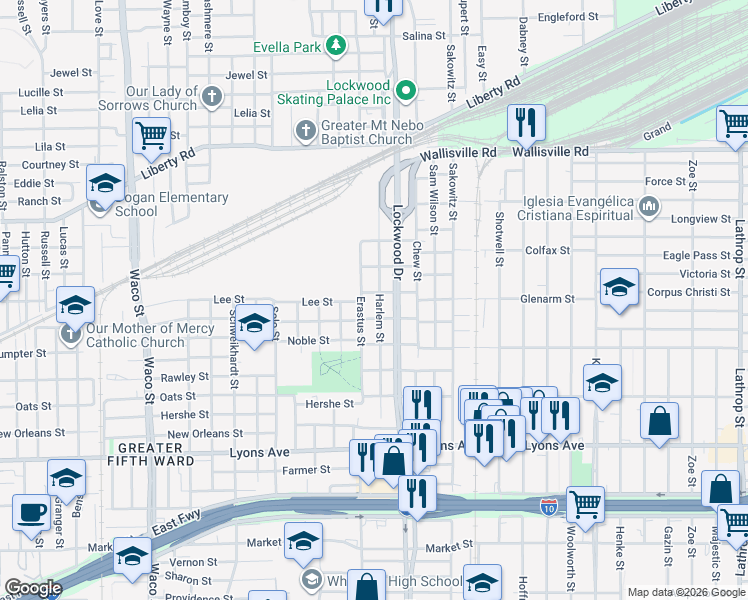 map of restaurants, bars, coffee shops, grocery stores, and more near 2308 Erastus Street in Houston